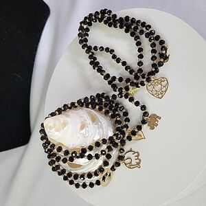 Set of 7 Black Crystal Bead Stretch Bracelet with Charm New